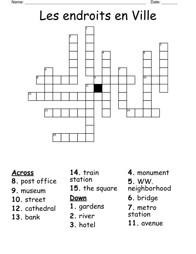 Les endroits en Ville Crossword