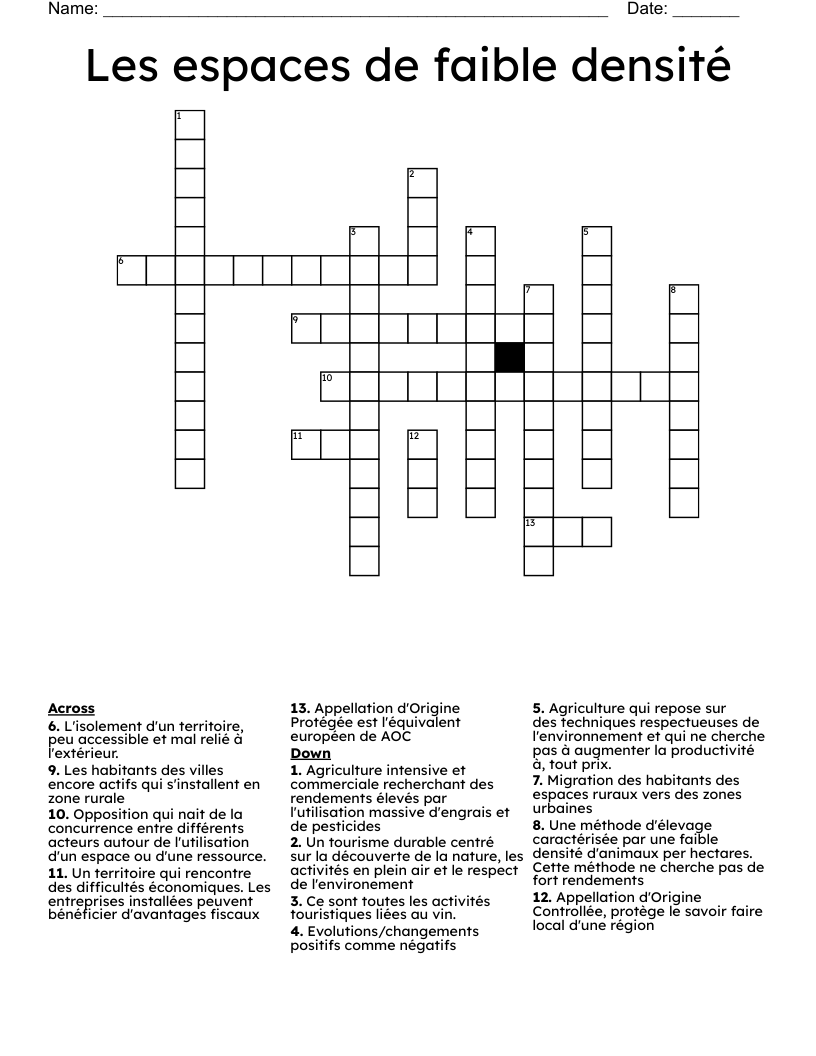 Les espaces de faible densité Crossword