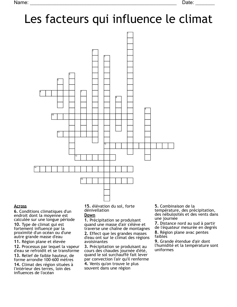 Les facteurs qui influence le climat Crossword