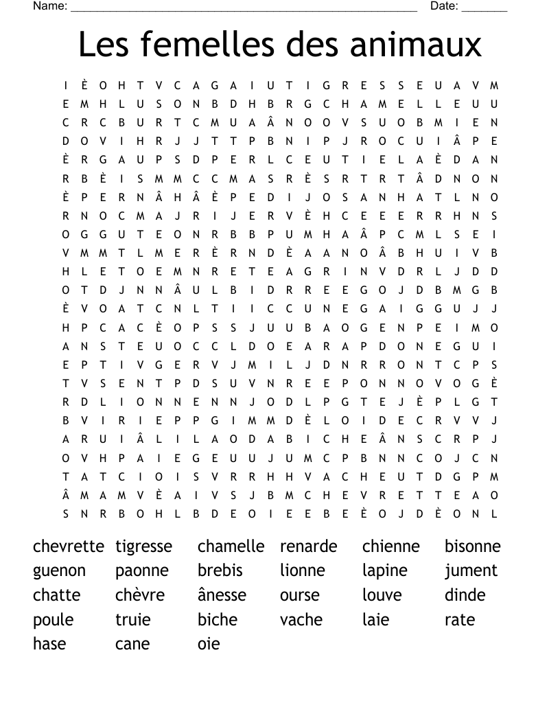 Les femelles des animaux Word Search