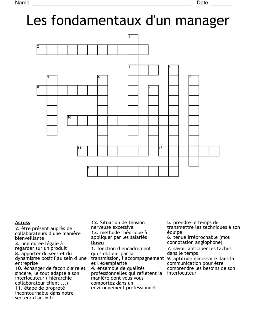 Les fondamentaux d'un manager Crossword