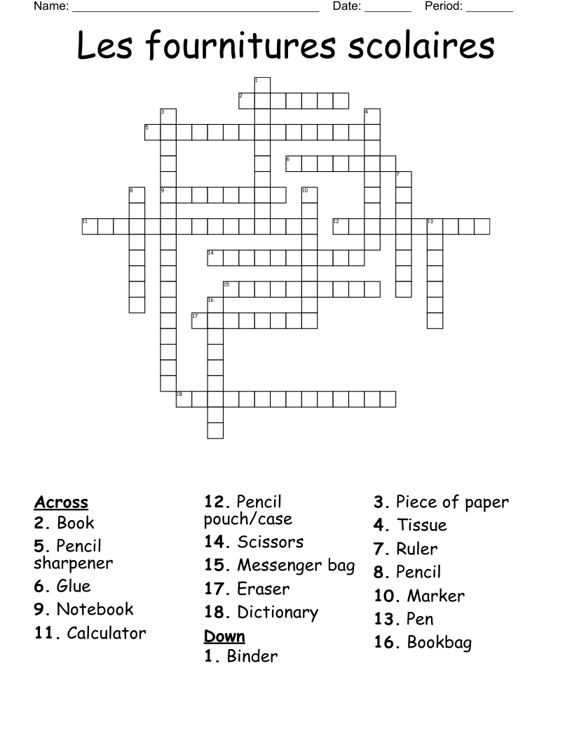 Les fournitures scolaires Crossword