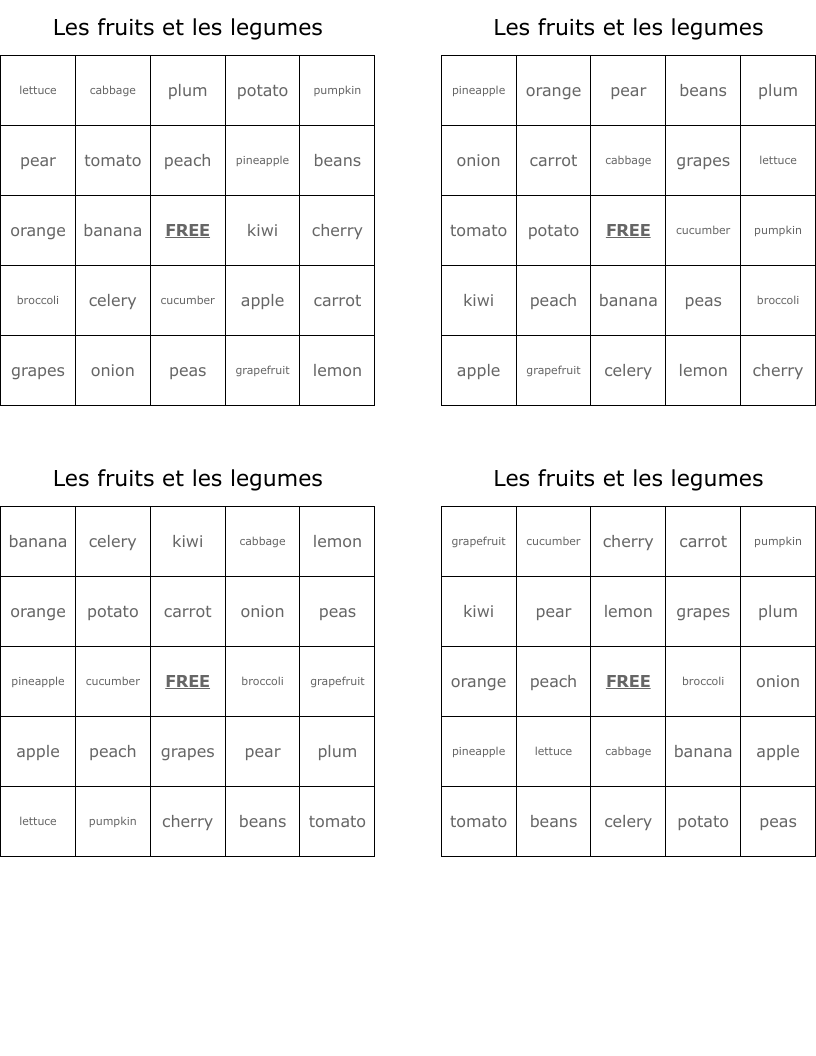 Les fruits et les legumes Bingo Cards