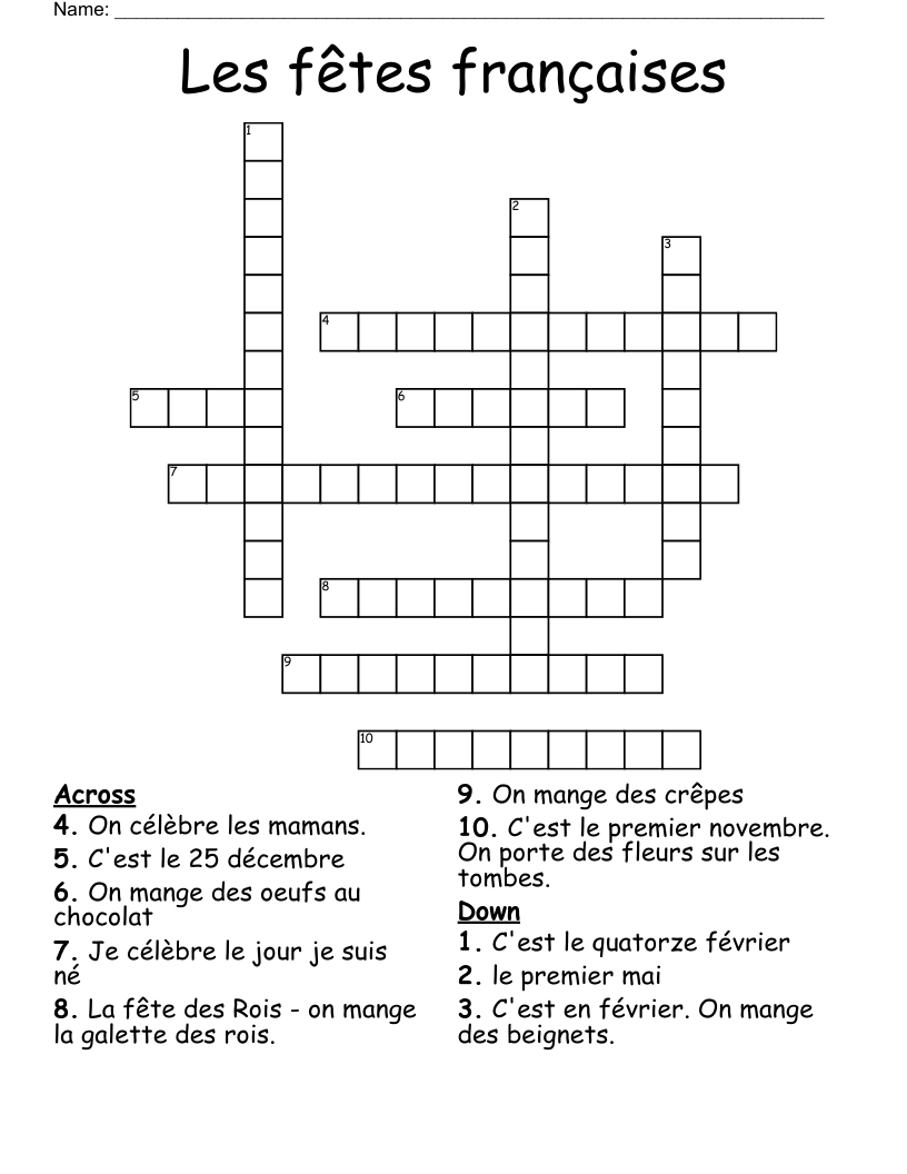 Les fêtes françaises Crossword