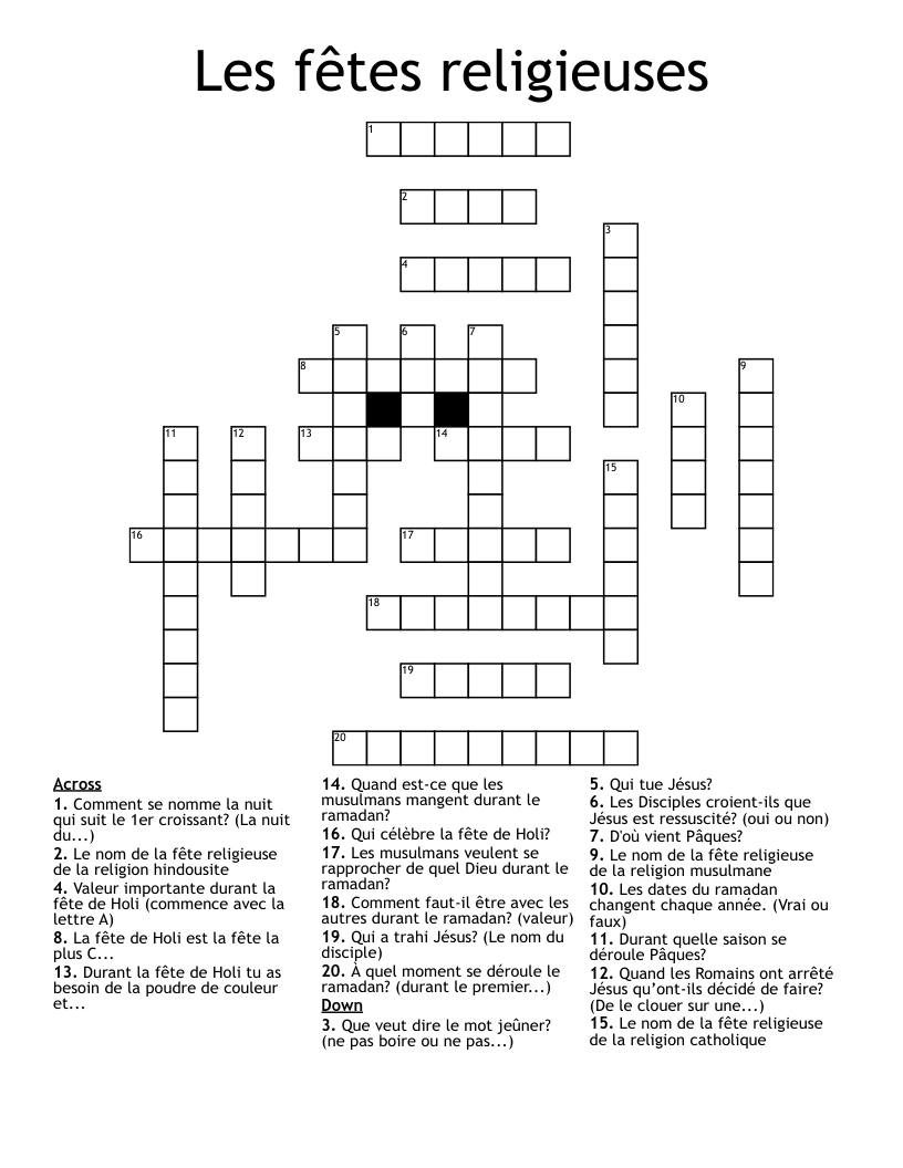 Les fêtes religieuses Crossword