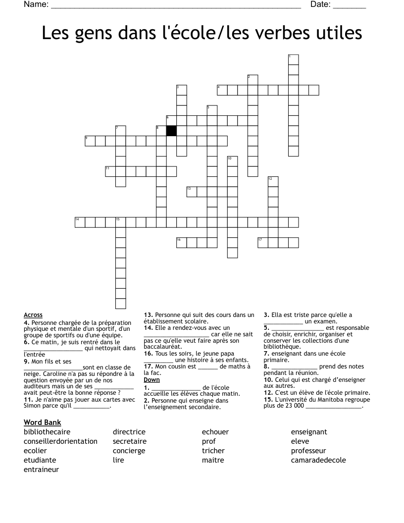 Les gens dans l'école/les verbes utiles Crossword