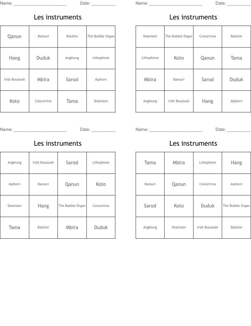 Les instruments Bingo Cards