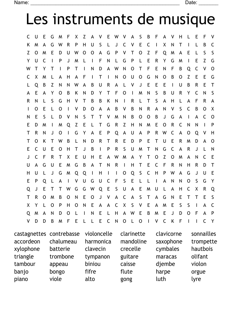 Les instruments de musique Word Search