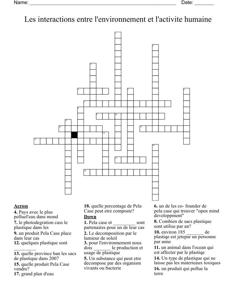 Les interactions entre l'environnement et l'activite humaine Crossword