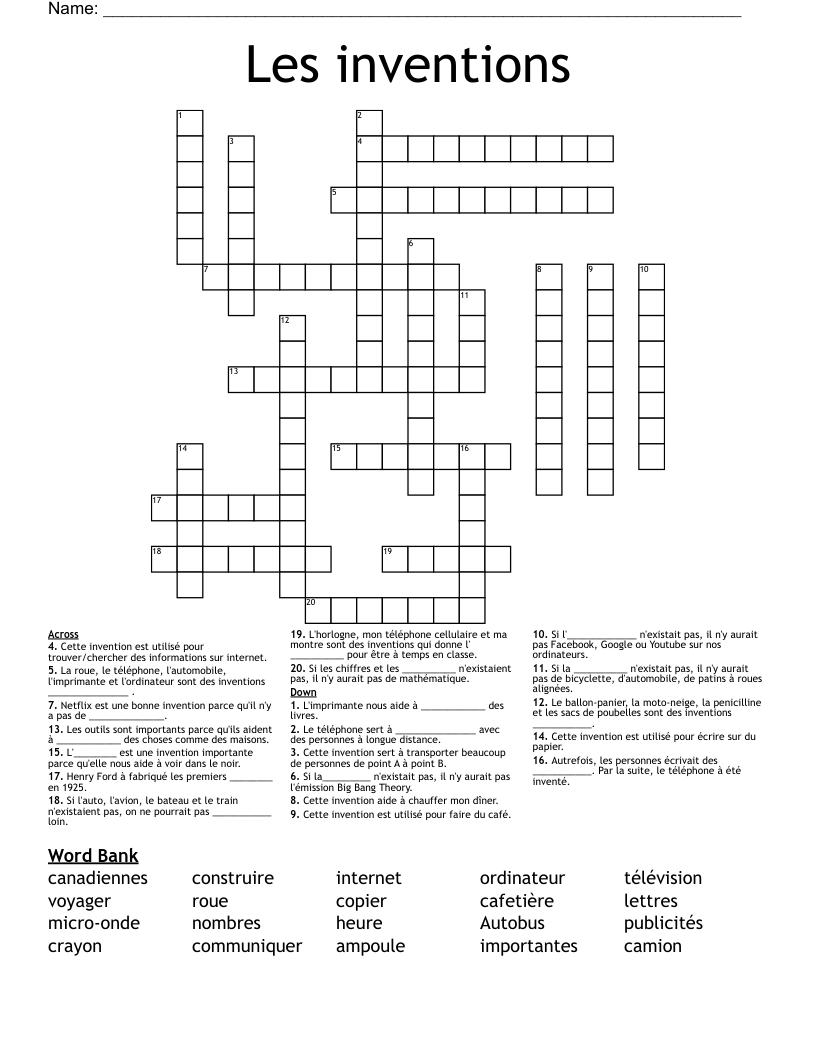 Les inventions Crossword