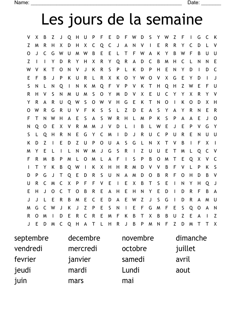 Les jours de la semaine Word Search