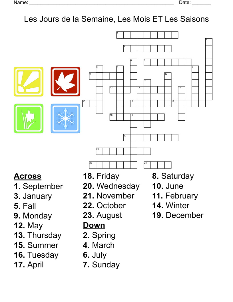 Les Jours de la Semaine, Les Mois ET Les Saisons Crossword