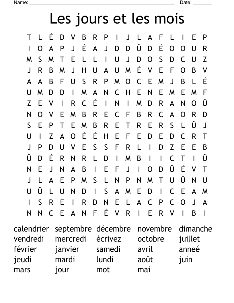 Les jours et les mois Word Search