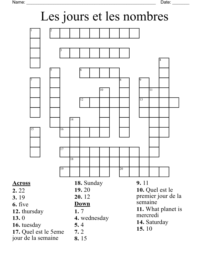 Les jours et les nombres Crossword