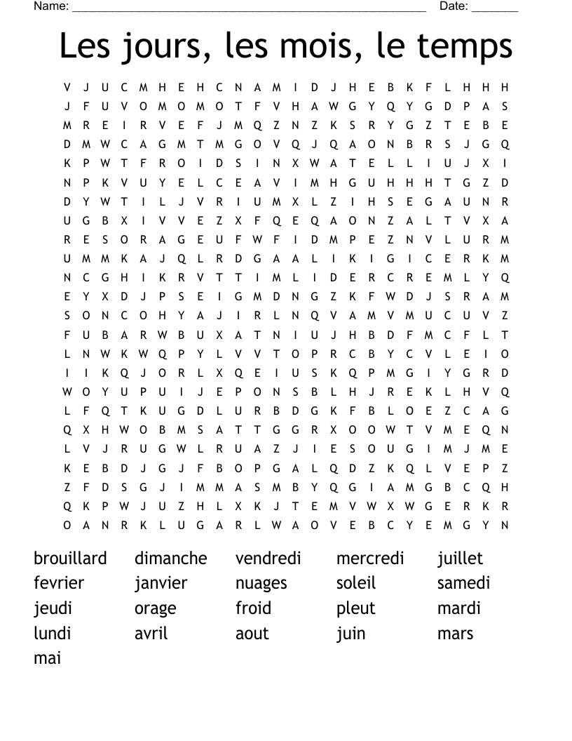 Les jours, les mois, le temps Word Search