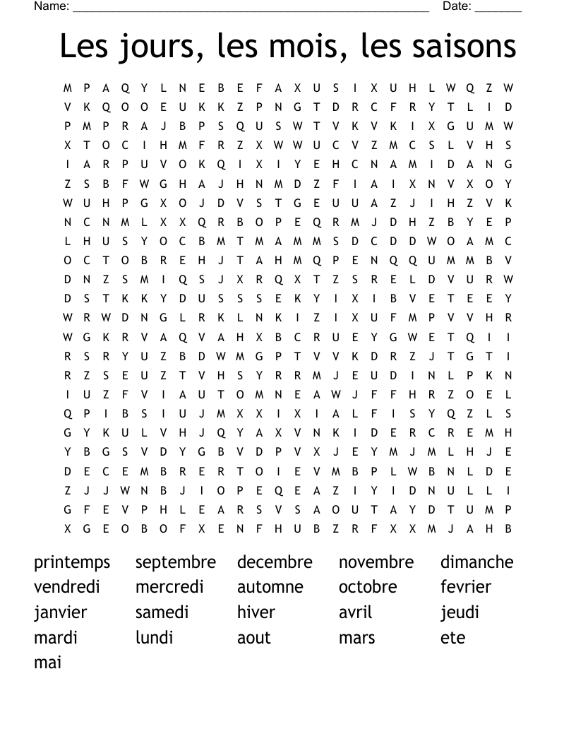 Les jours, les mois, les saisons Word Search