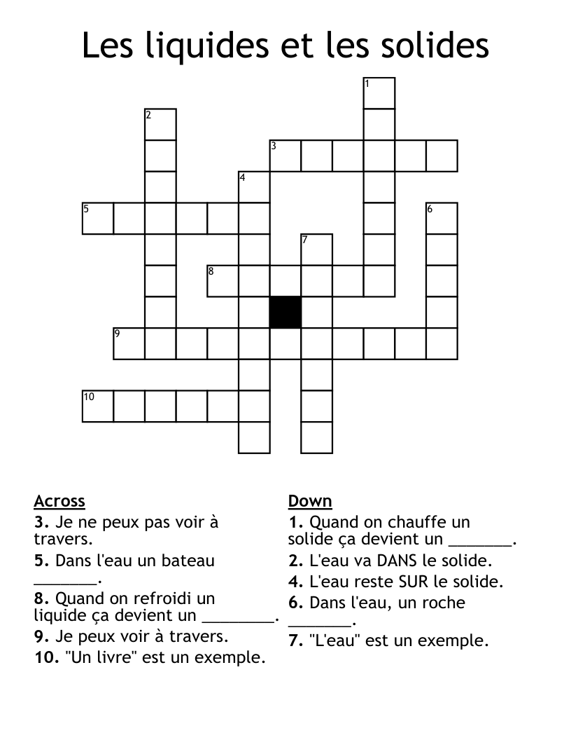 Les liquides et les solides Crossword
