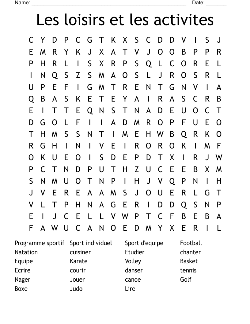 Les loisirs et les activites Word Search