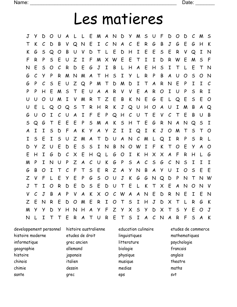 Les matieres Word Search
