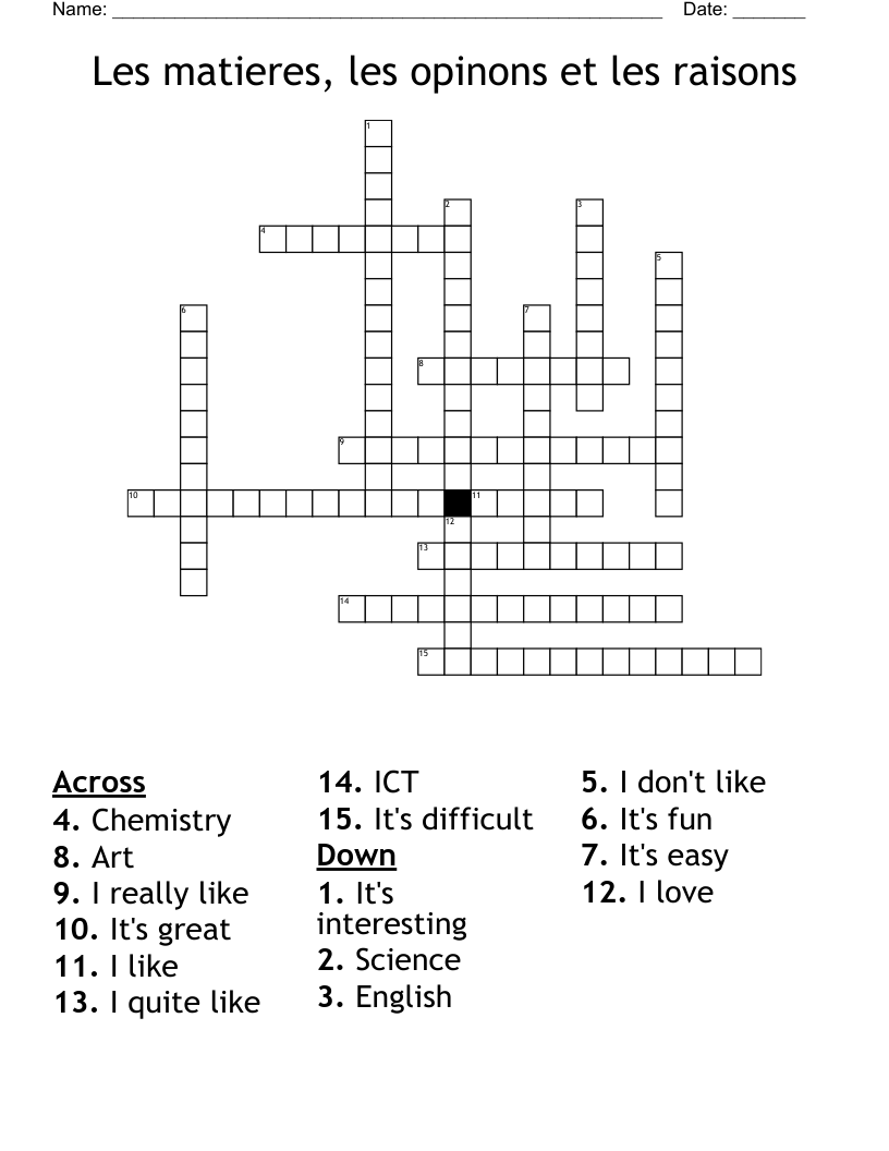 Les matieres, les opinons et les raisons Crossword