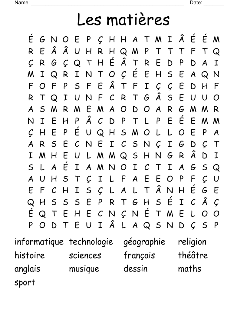 Les matières Word Search