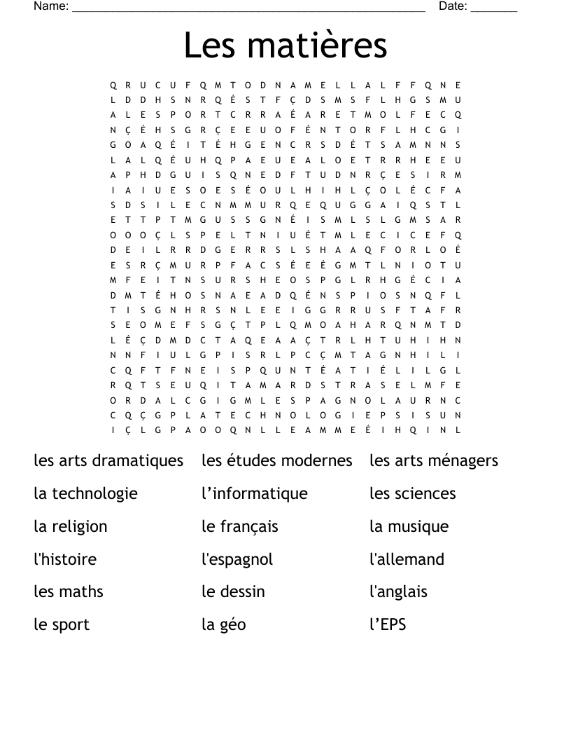 Les matières Word Search