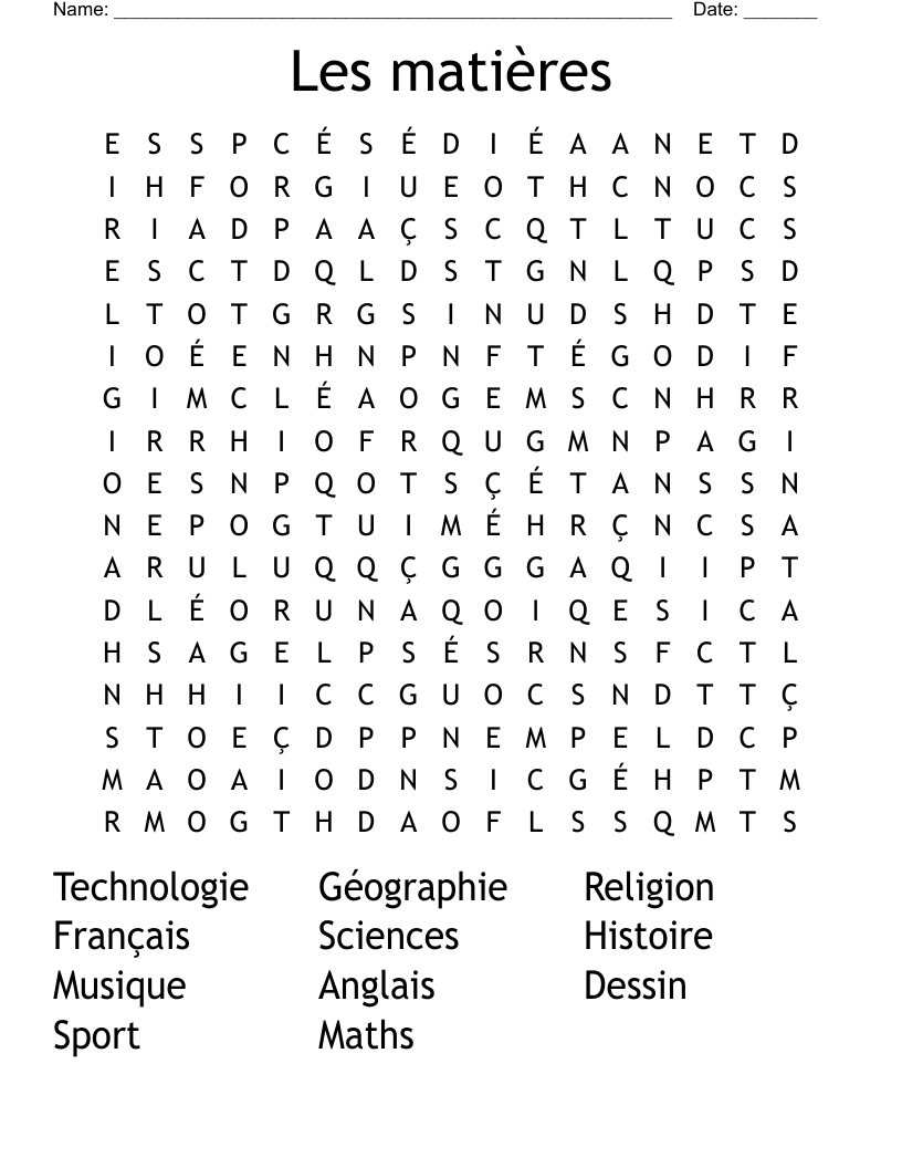 Les matières Word Search