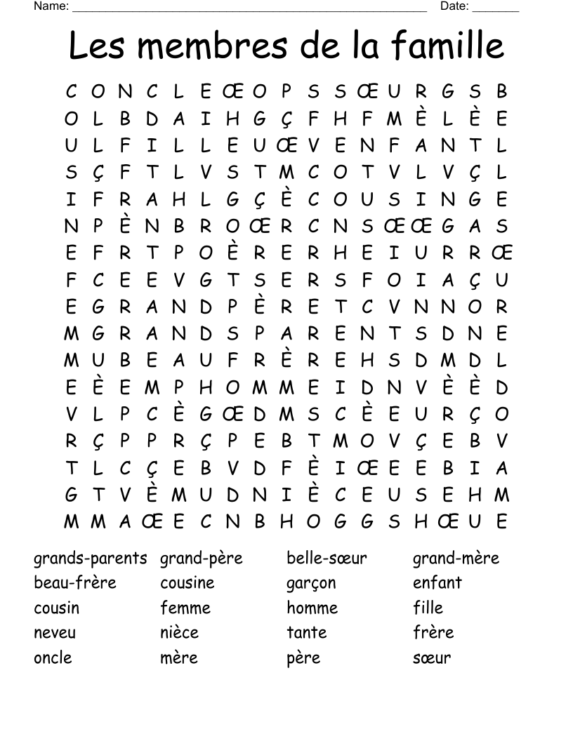 Les membres de la famille  Word Search