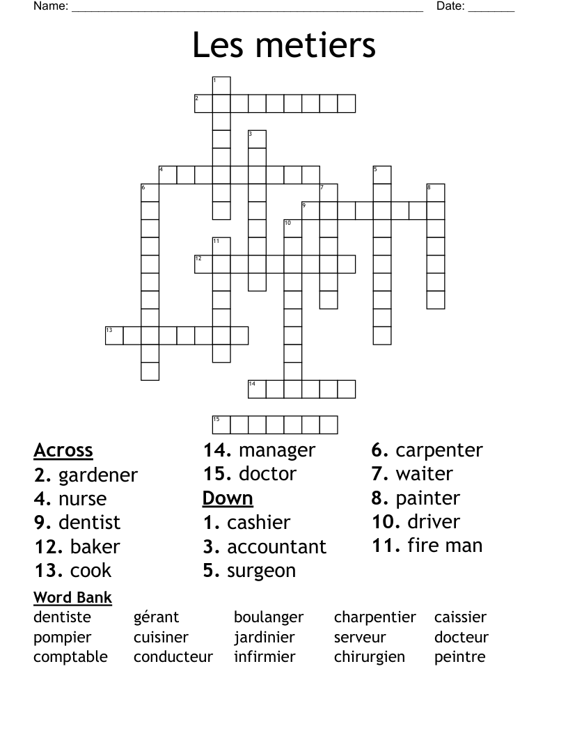 Les metiers Crossword