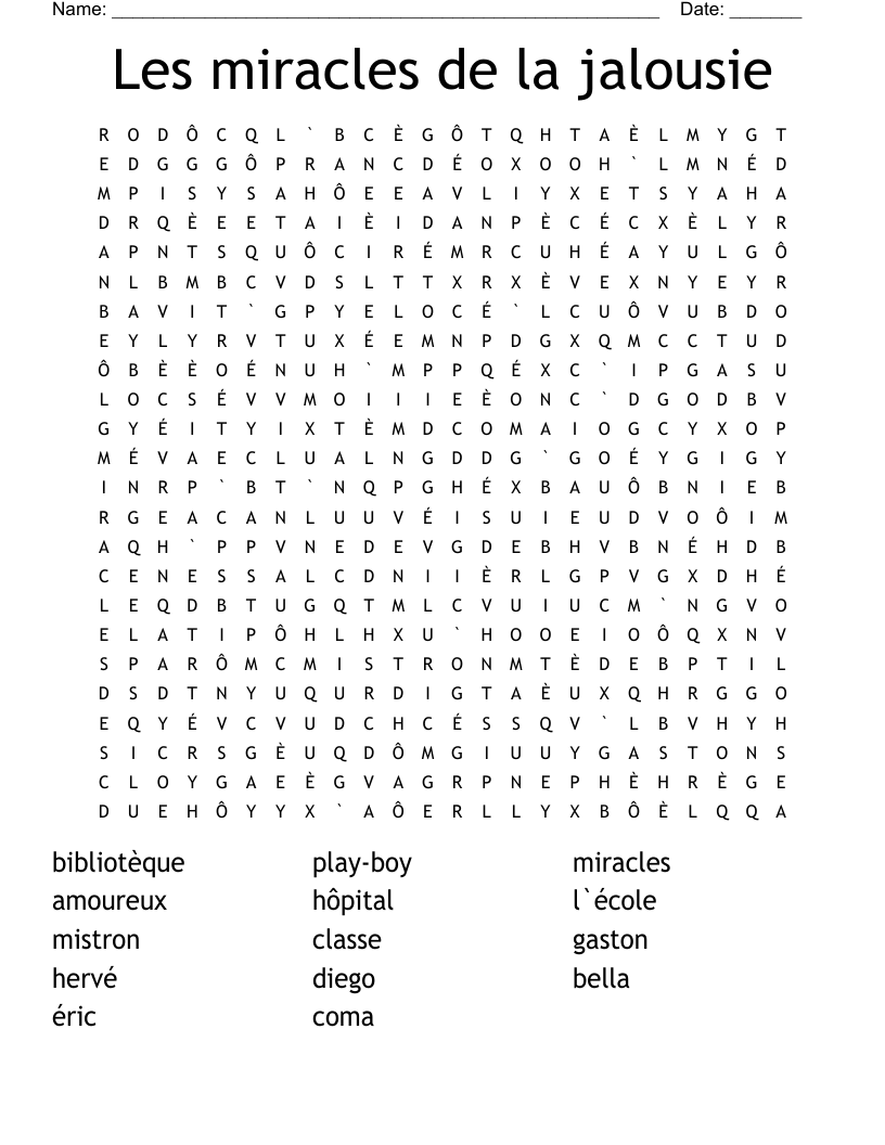 Les miracles de la jalousie Word Search
