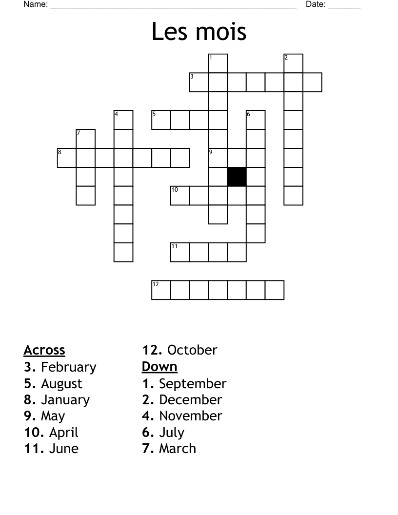 Les mois Crossword