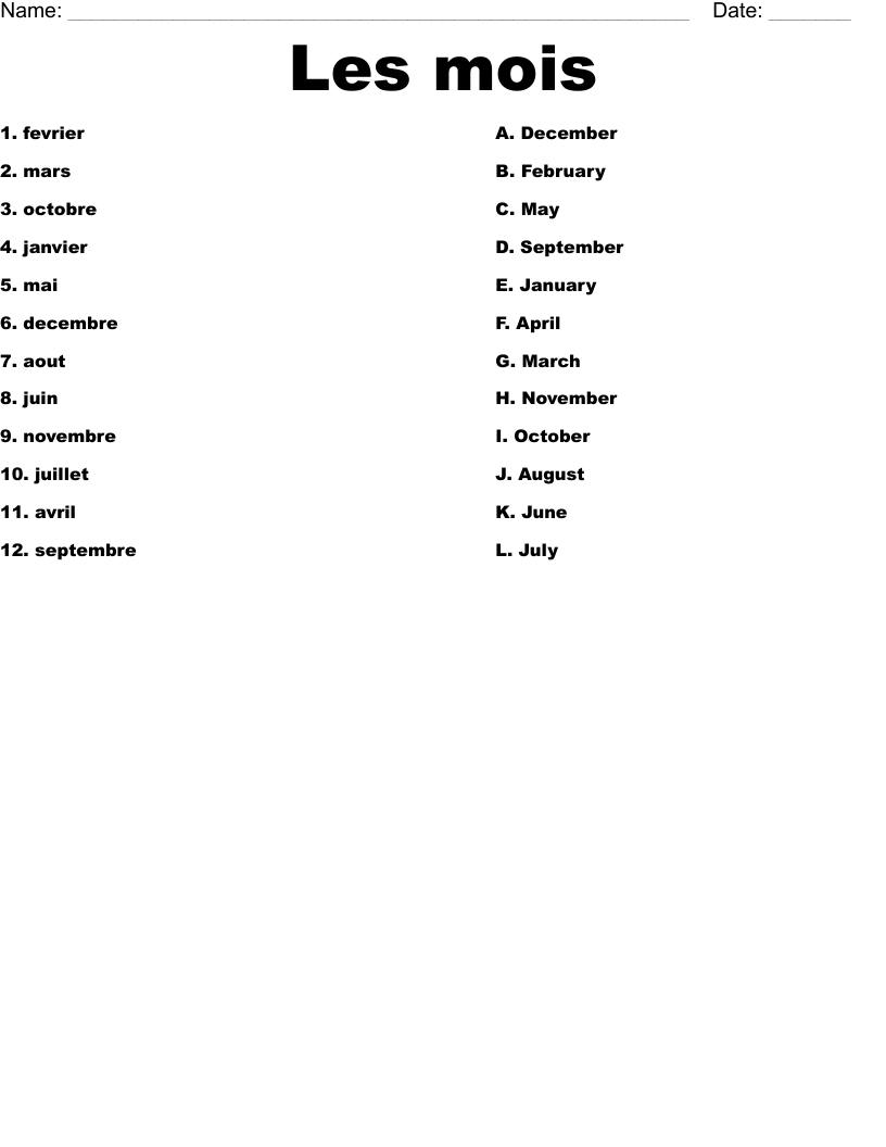 Les mois Worksheet