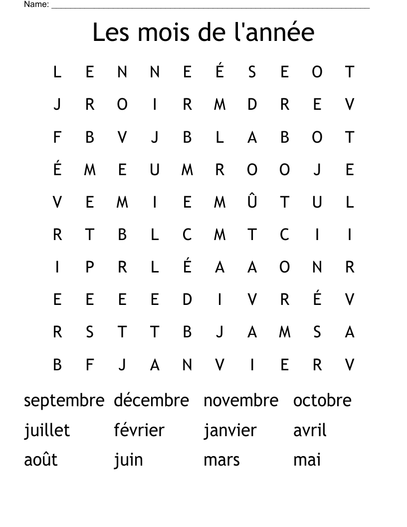 Les mois de l'année Word Search