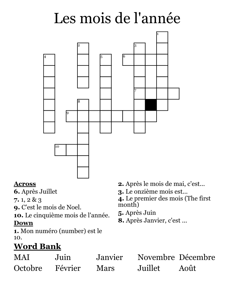 Les mois de l'année Crossword