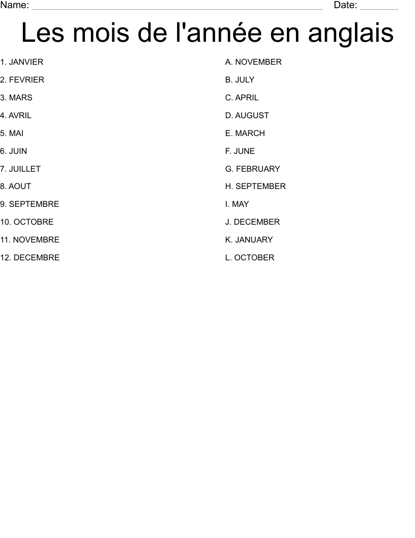 Les mois de l'année en anglais Worksheet