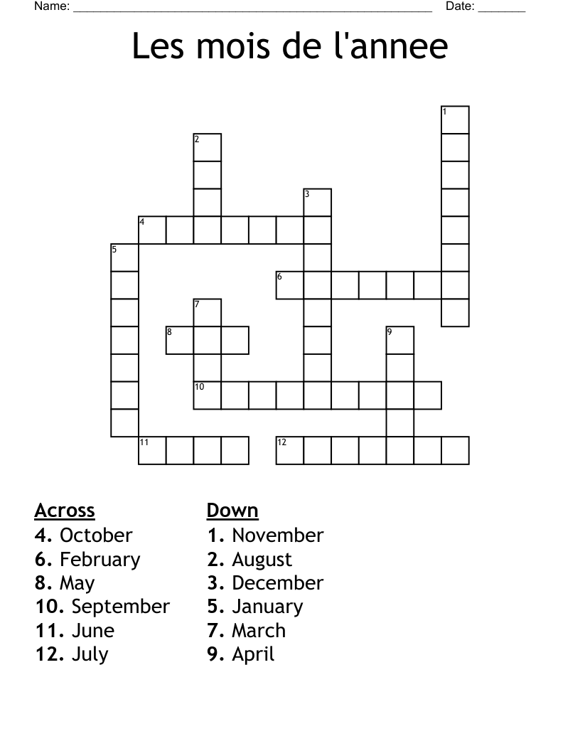 Les mois de l'annee Crossword