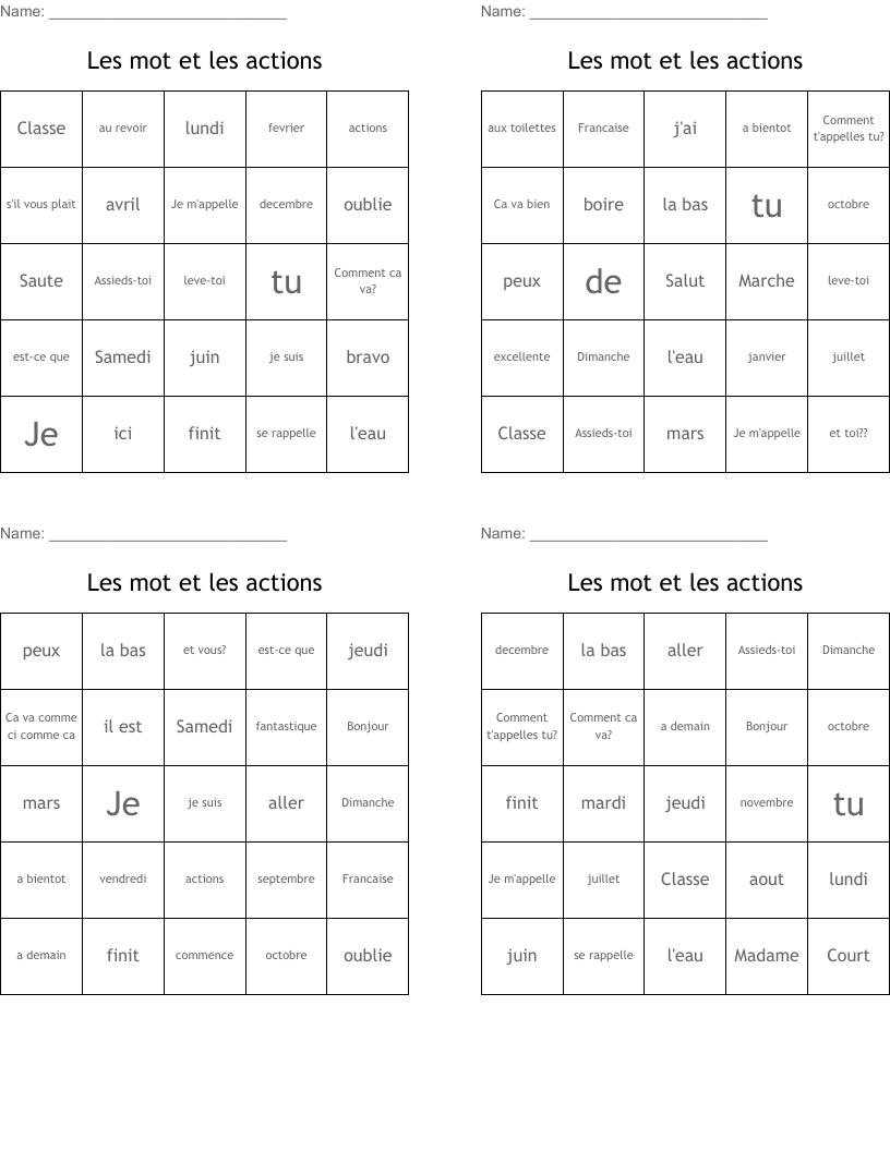 Les mot et les actions Bingo Cards