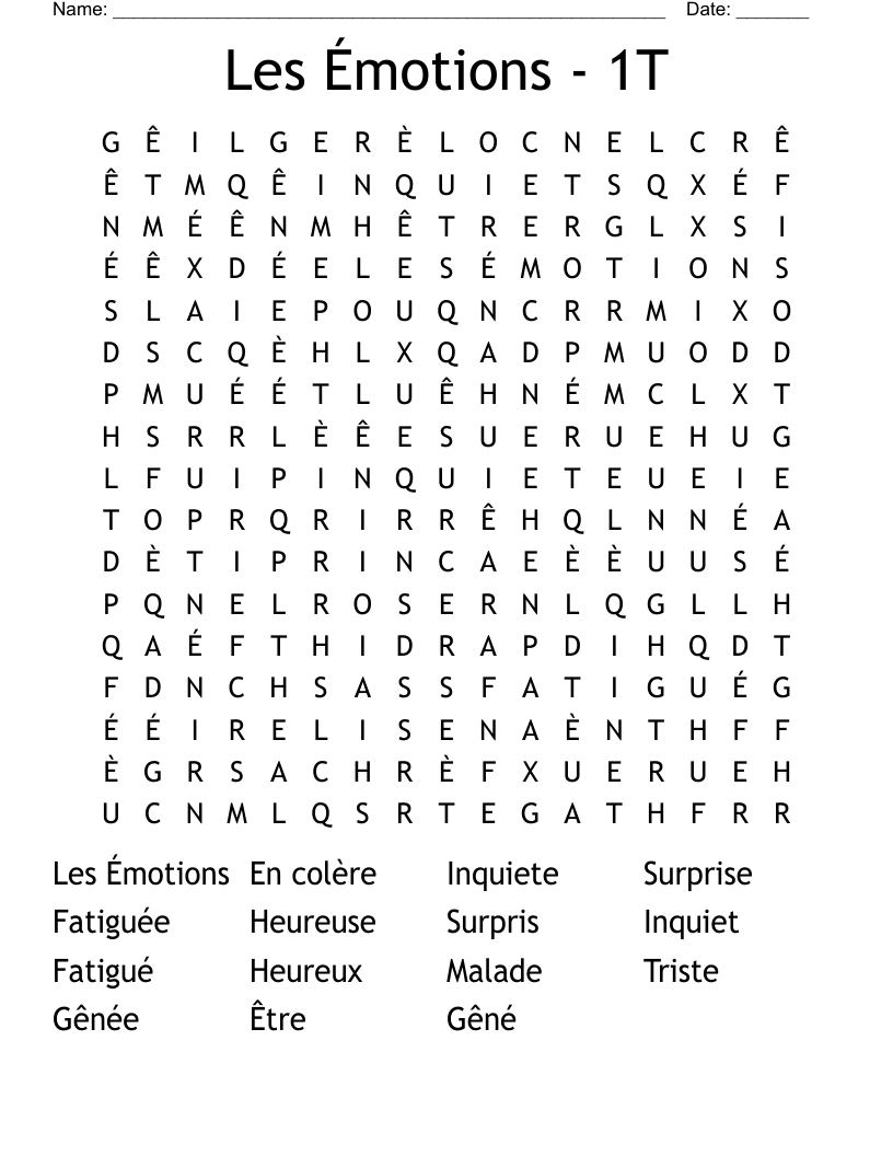 Les Émotions - 1T Word Search