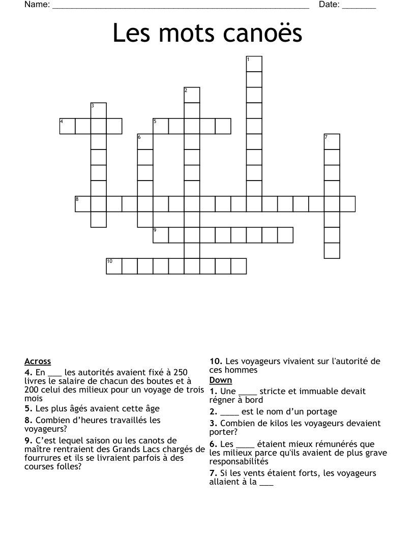 Les mots canoës  Crossword