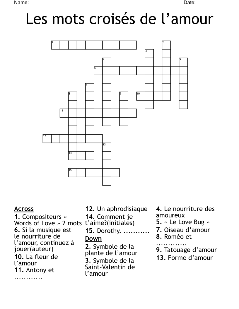 Les mots croisés de l’amour Crossword