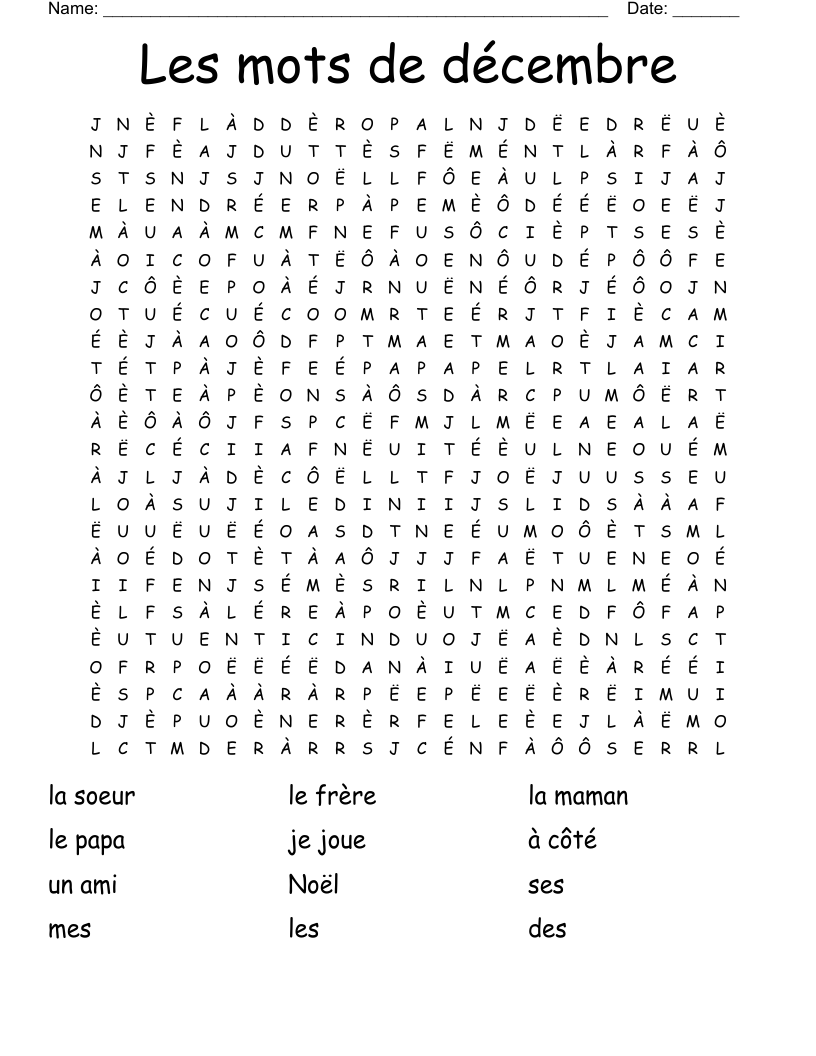 Les mots de décembre Word Search