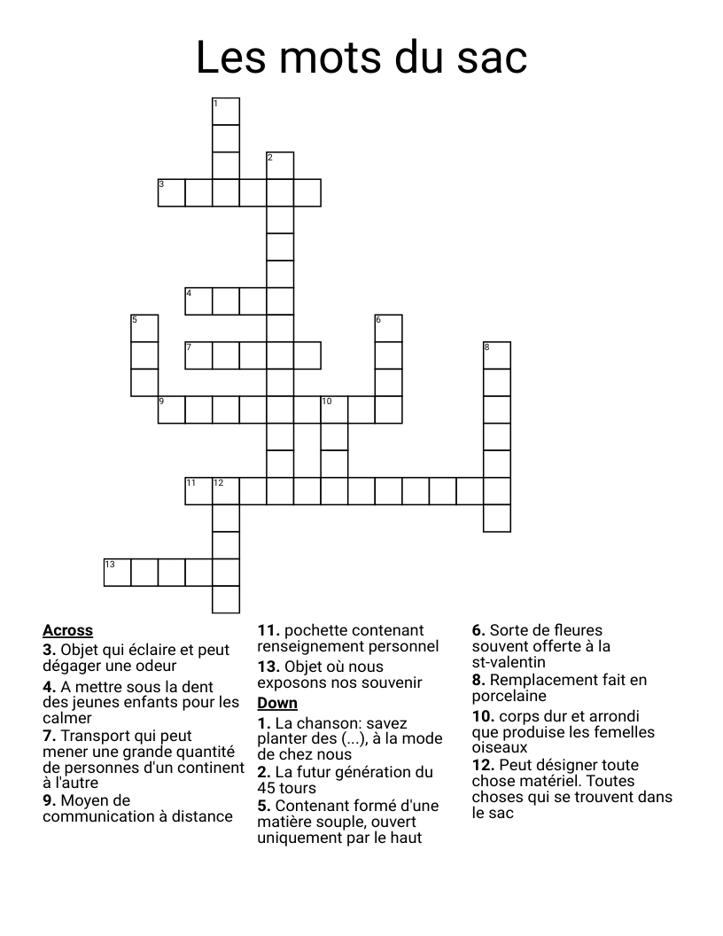 Les mots du sac Crossword