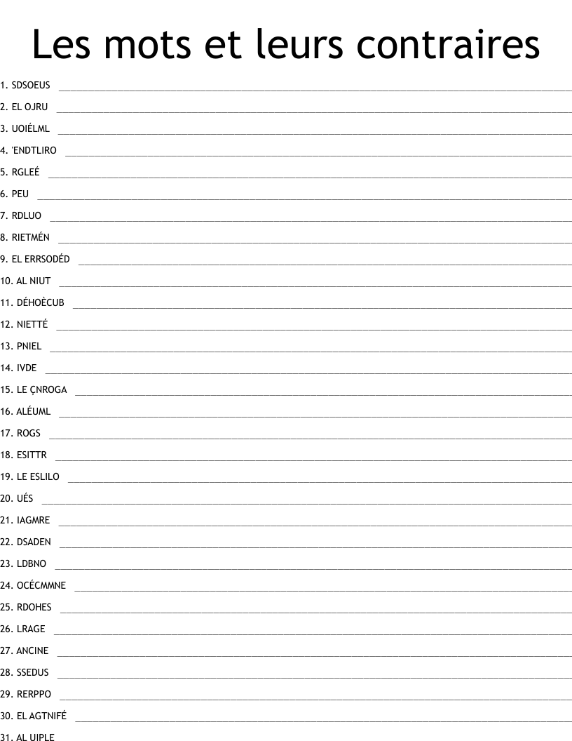 Les mots et leurs contraires Word Scramble