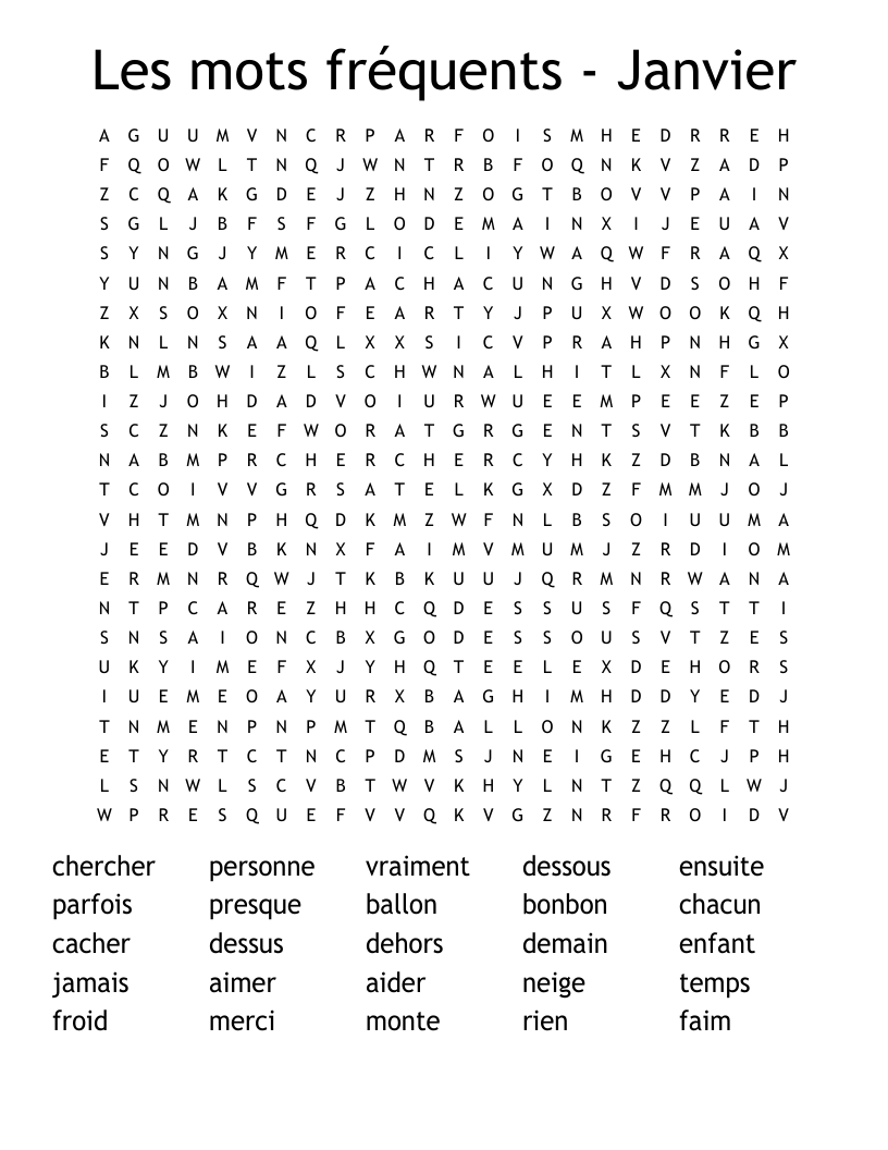Les mots fréquents - Janvier Word Search