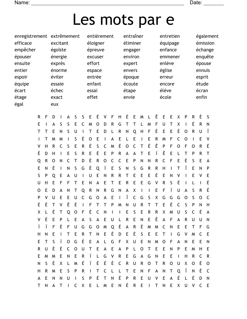 Les mots par e Word Search