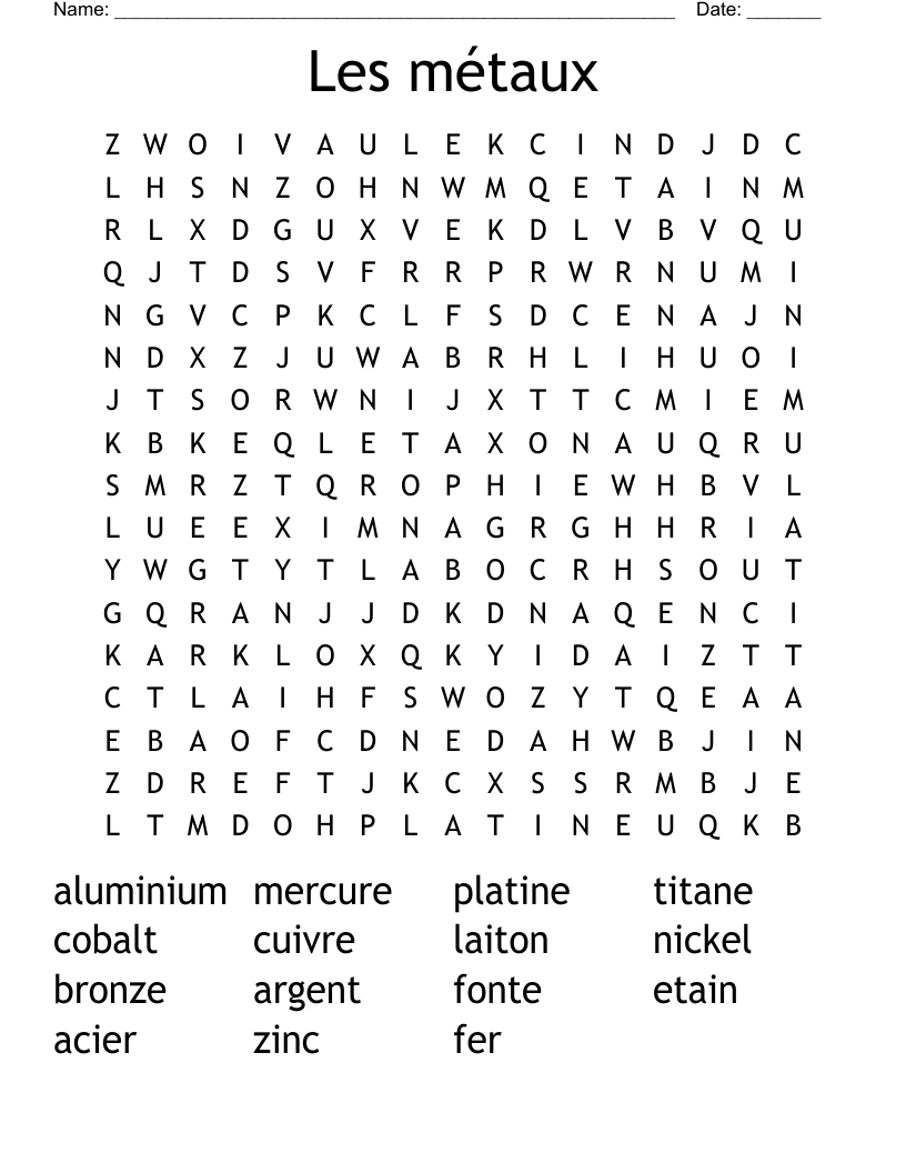 Les métaux Word Search