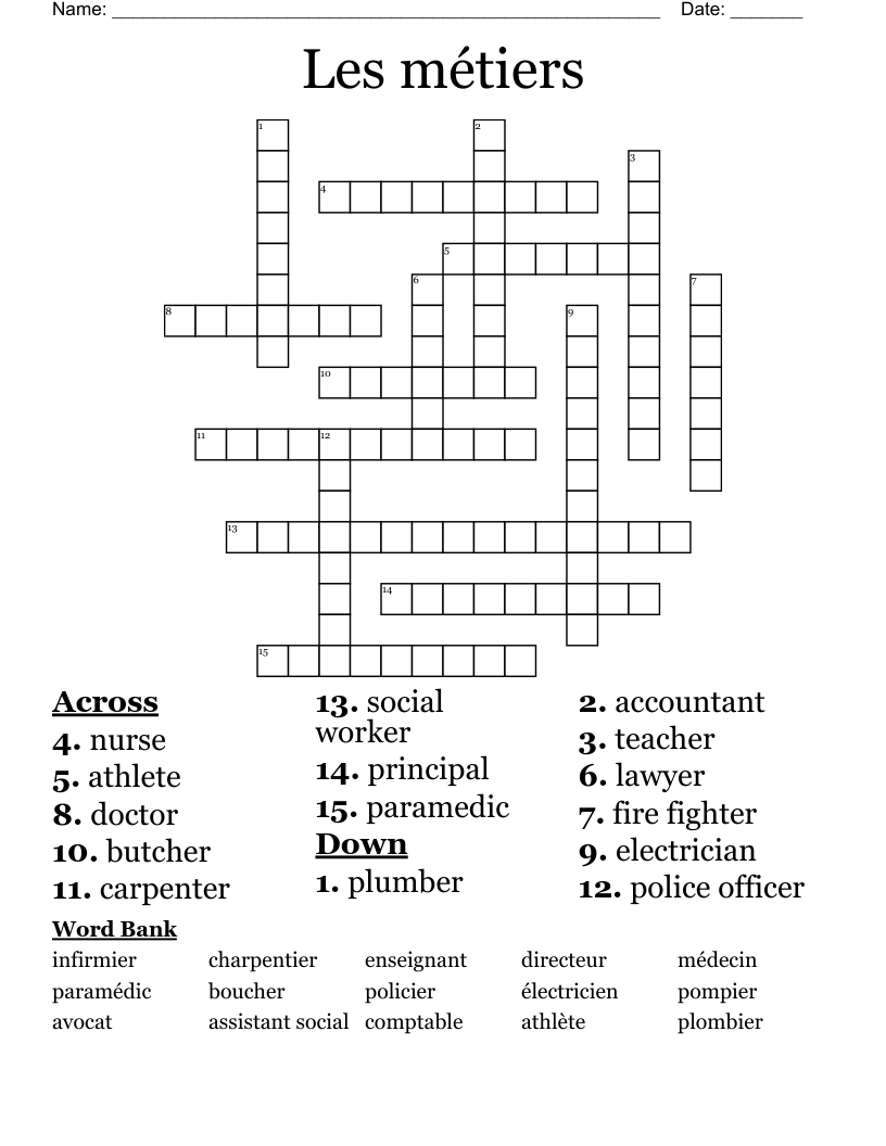 Les métiers Crossword