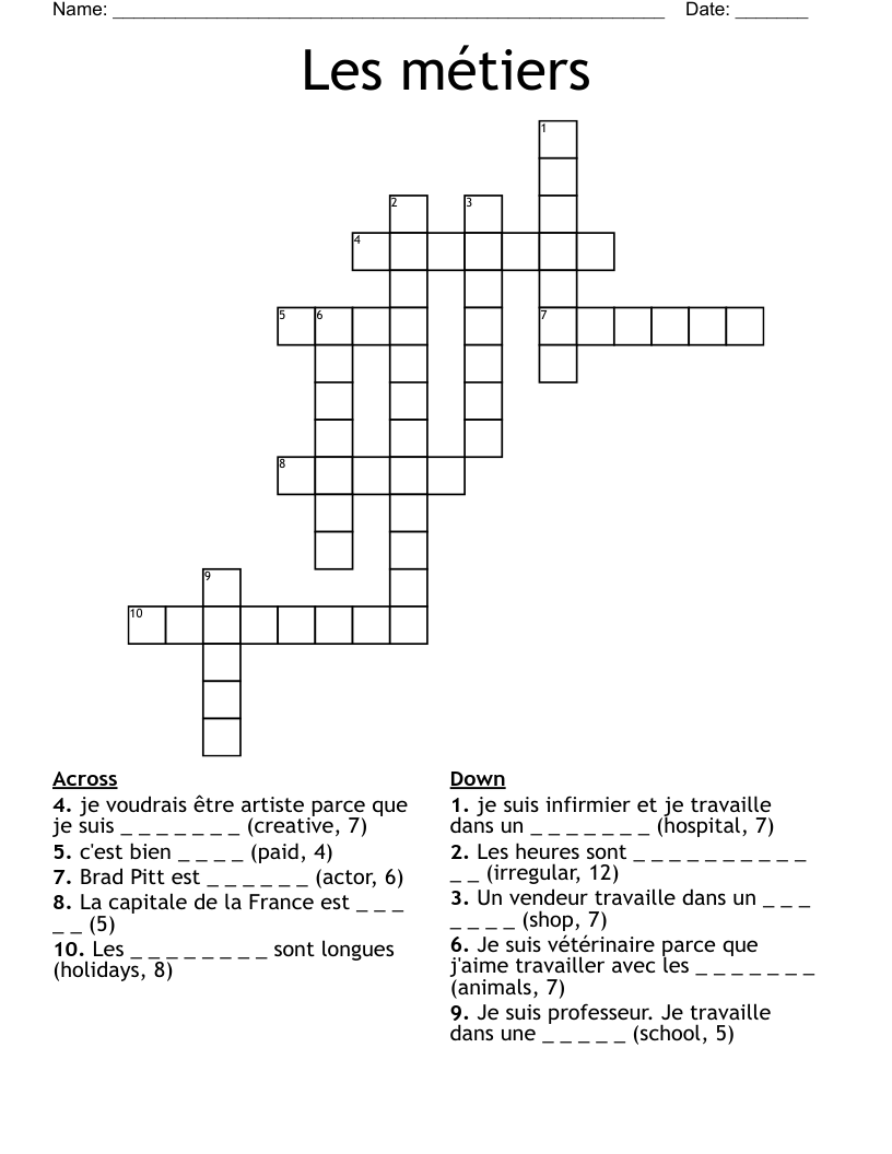 Les métiers Crossword