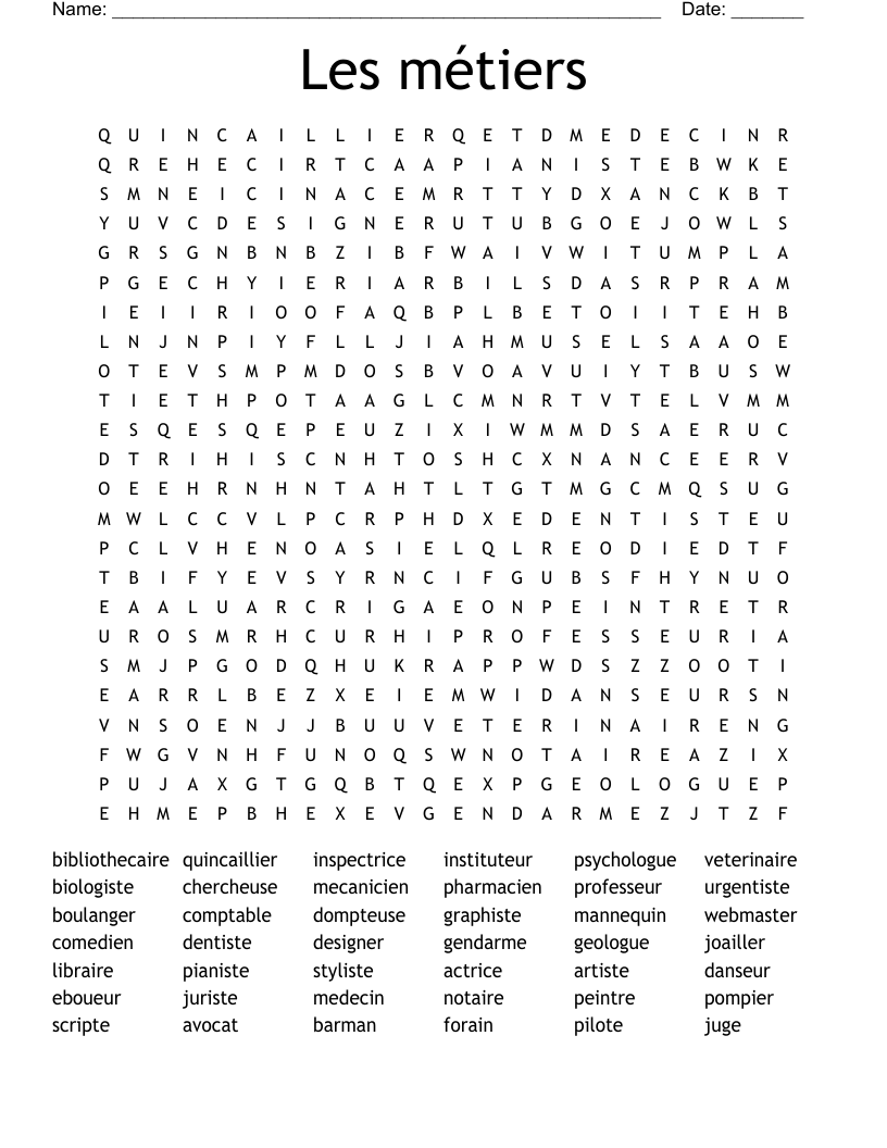 Les métiers Word Search