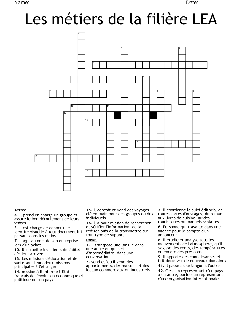 Les métiers de la filière LEA Crossword